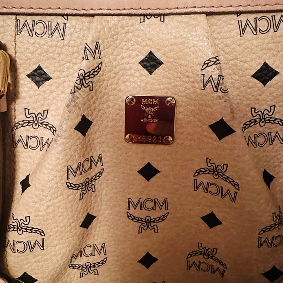 MCM Tan Logo Canvas Tote with Gold Plaque - Picture 4 of 14